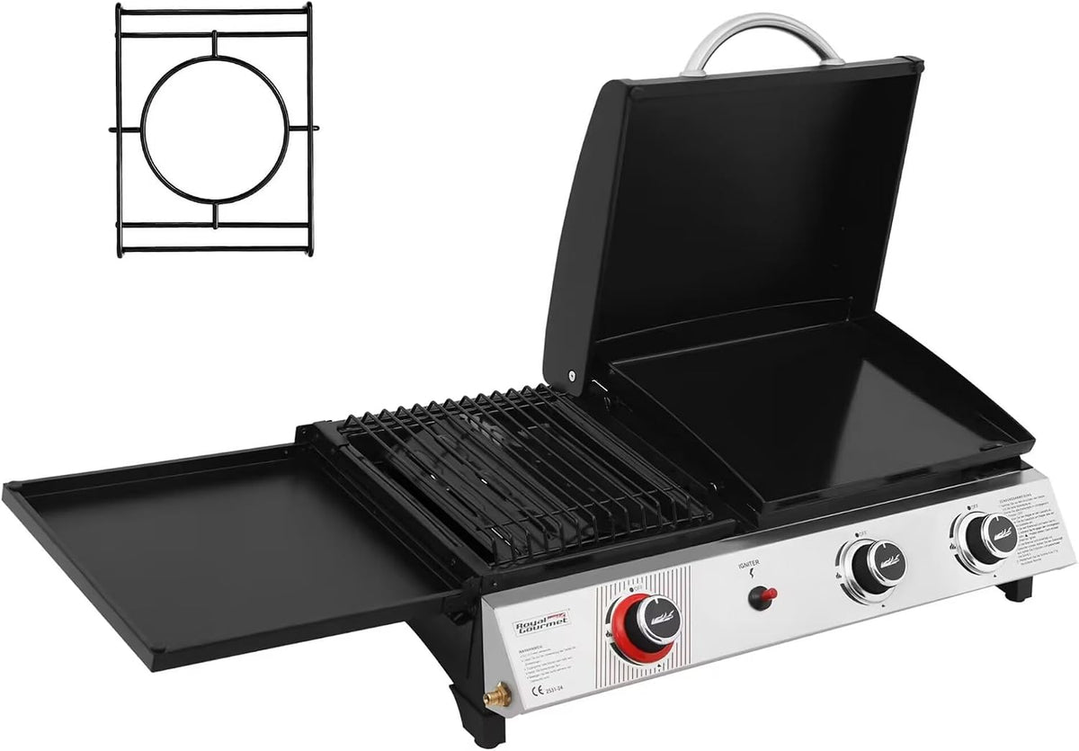 Royal Gourmet plancha, 8.5 kW, Noir, 3 Brûleurs Barbecue Gaz Portable, 3 en 1 et Grille en Émaillés Combinés avec Couvercle Multifonctionnel