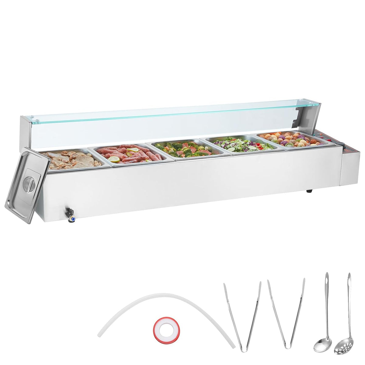 VEVOR Chauffe-plats, 5 x 8 QT / 5 x 7,6 L, 1700 W, 7,6 L, Argenté, Chauffe-Plat Buffet à 5 Bacs, Bain-Marie Électrique