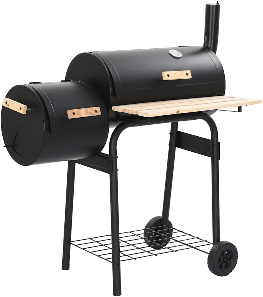QUAHEAS barbecue à charbon, 103 x 60 x 113 cm, cadre en acier + étagère en bois, noir., de bois classique avec cadre en acier et étagère en bois