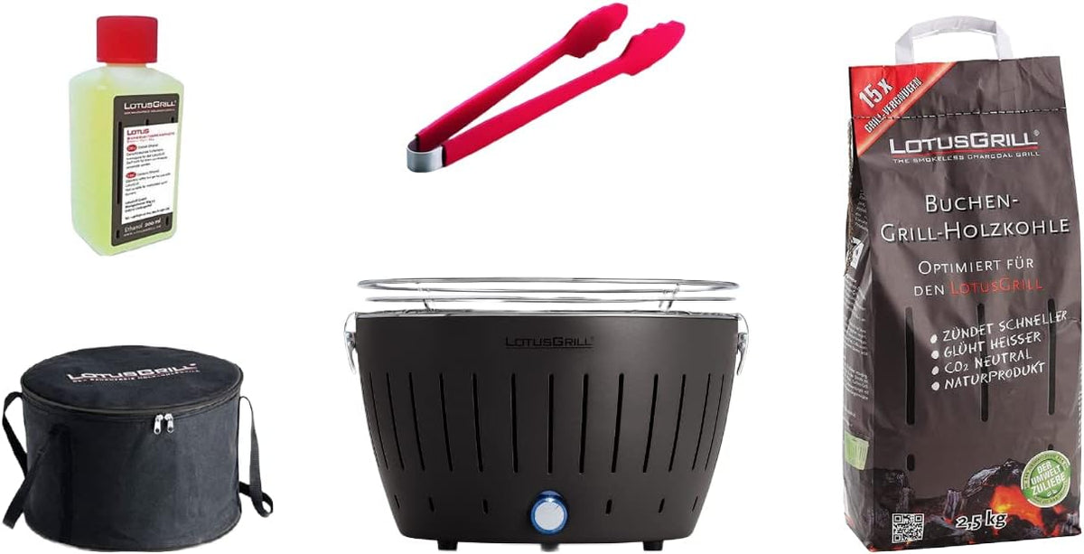LotusGrill barbecue à charbon, 1 kg, 200 ml, Noir/Rouge/Gris/Argent, Barbecue Kit de démarrage : 1x charbon de bois de hêtre gris anthracite