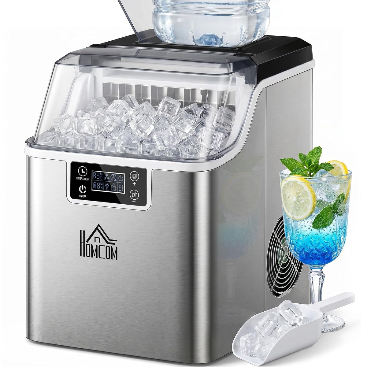 HOMCOM machine à glaçons, 20 kg, 3.2 L, 2 m, Argenté, en acier inoxydable 24 glaçons 14-18 min Argent, réservoir