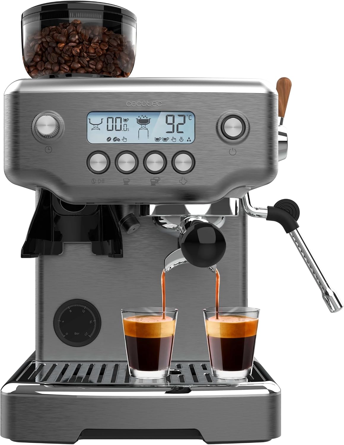 Cecotec machine à café, 2200 W, 2.1 L, 180 g, Noir/Argenté, Cafetière Expresso Barista Power Espresso 20 Barista Steel & Grind