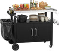 TLSUNNY plancha, 112 x 51 x 82,5 cm, Noir/Argent, Chariot de Barbecue en Acier Inoxydable, Desserte Extérieure 3 Niveaux avec Porte d'Armoire
