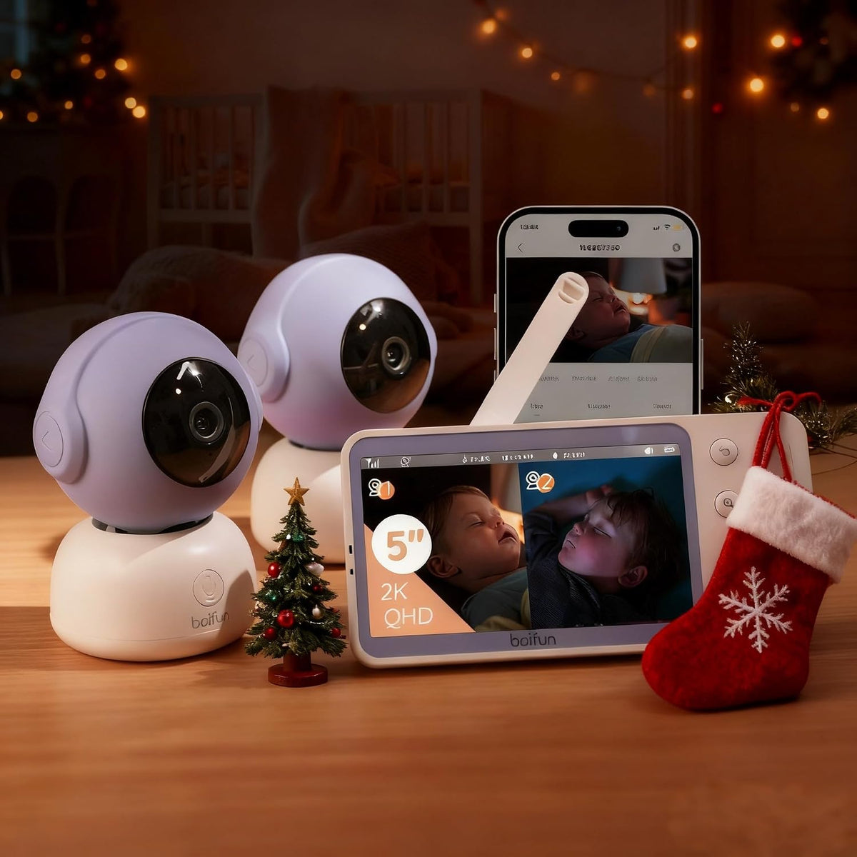 BOIFUN Moniteurs vidéo, Noir, Babyphone vidéo et audio 2K avec 2 caméras, écran 5' IPS, contrôle par application mobile et écran