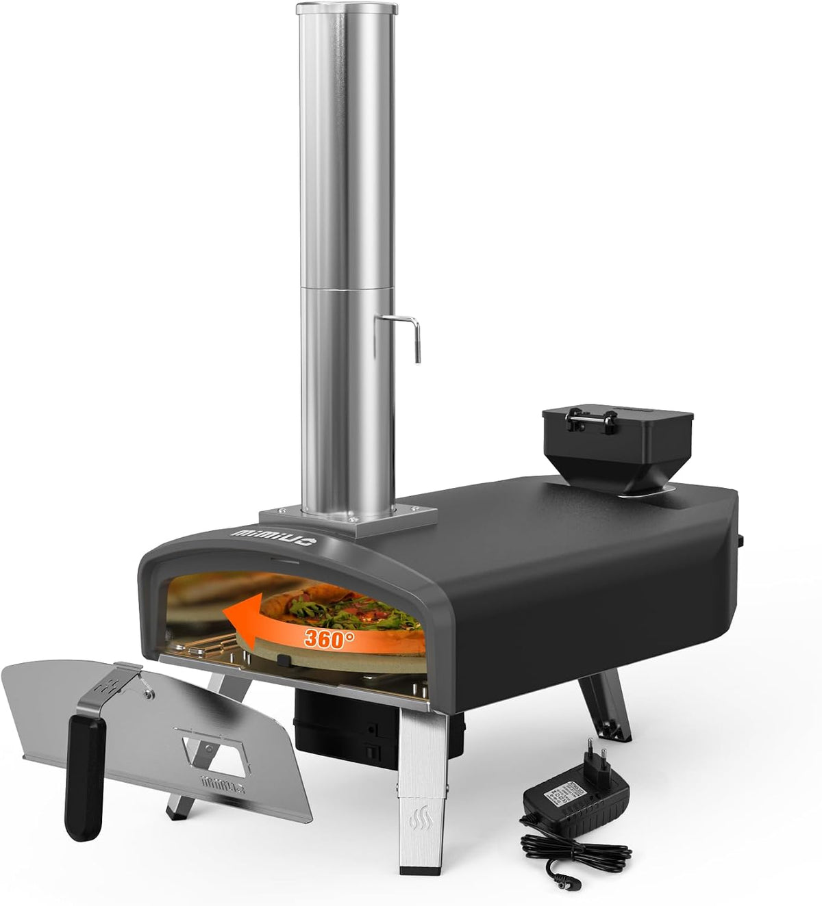 Mimiuo four à pizza, 33 cm, Noir/Argent, Four a Pizza Pellet avec Système de Rotation Automatique, Fours à Pizza Extérieurs avec Pierre à Pizza