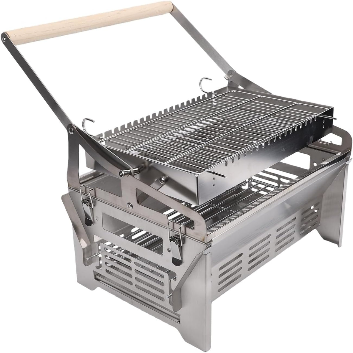 Luocute barbecue à charbon, acier inoxydable, bois de hêtre, Argent, Barbecue Rotatif à 360 Degrés, Bois Rabattable en Acier Inoxydable