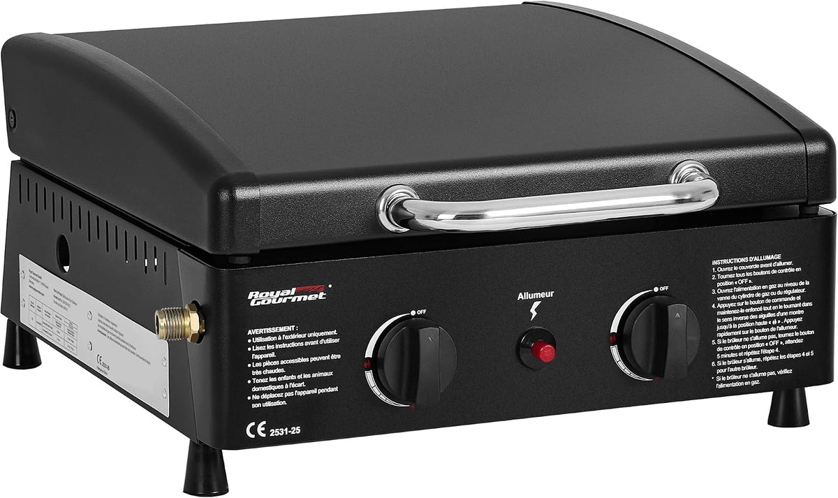 table de cuisson Royal Gourmet, 2,5 KW, Noir, Plancha à Gaz Portable avec 2 Brûleurs, Plancha Gaz Exterieur avec Plaque de Cuisson Émaillée