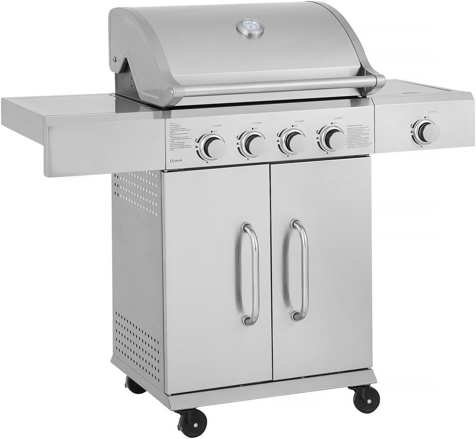 Habitat et Jardin Barbecues au propane, 118 x 57 x 104 cm, 14.5 Kw, Gris Clair, Barbecue gaz en INOX avec 5 brûleurs Dont 1 latéral Brazzo