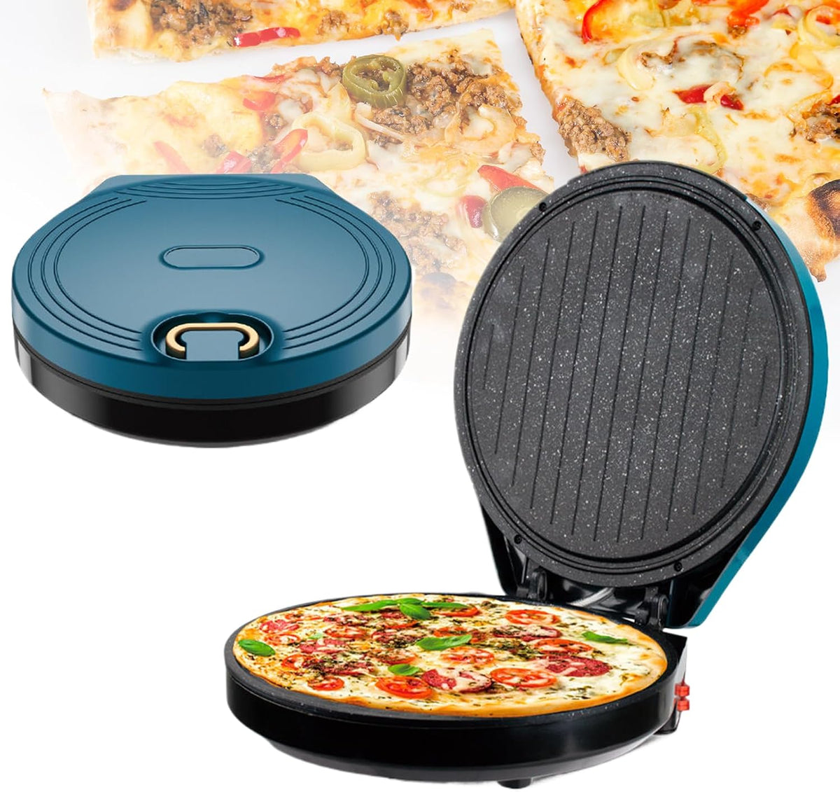 Four four à pizza, 1800 W, Bleu/Noir, à pizza portable avec contrôle indépendant de la température, surfaces antiadhésives pour un chauffage rapide