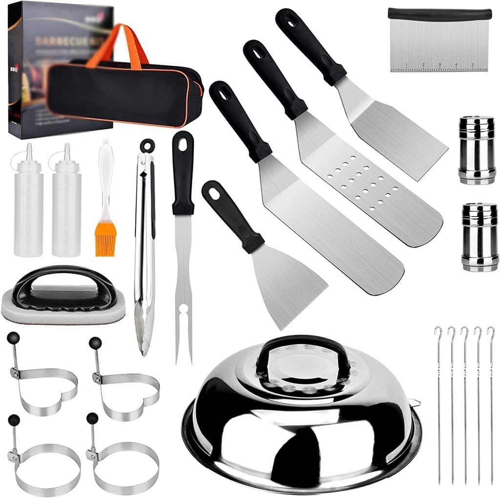 MQPALZKD Brosses-racloirs pour barbecue, Noir/Argent/Orange, Ensemble combiné d'ustensiles de Barbecue en Acier Inoxydable