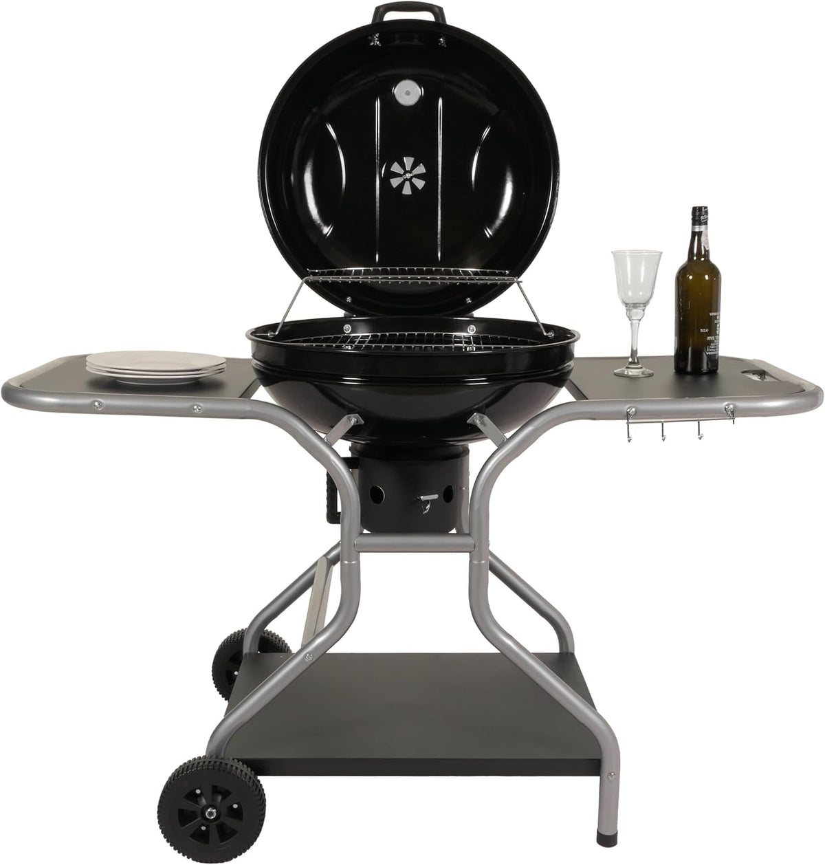 Mendler barbecue à charbon, 143x131x66 cm, Noir/Gris, Chariot de barbecue HWC-N16 acier émaillé noir