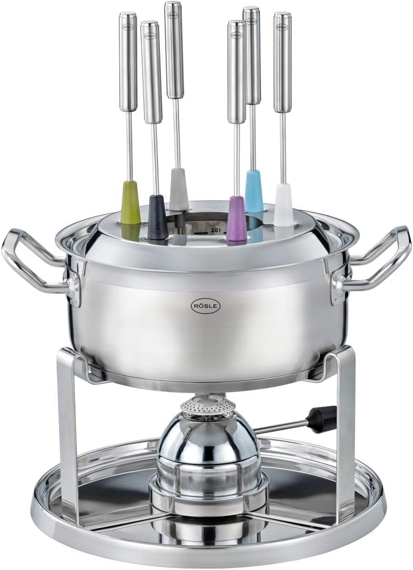 RÖSLE Services à fondue savoyarde, 20 cm, 1000 W, Argenté, Set de Fondue pour 6 Personnes, brûleur à gaz, réchaud Pliable et Accessoires pour Fondue