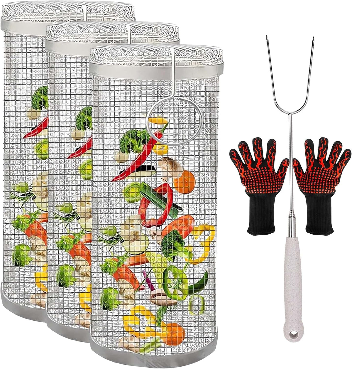 Ensemble Paniers de cuisson pour barbecue, 3 g, Argent/Rouge/Noir, Frites - Lavable au Lave-Vaisselle (