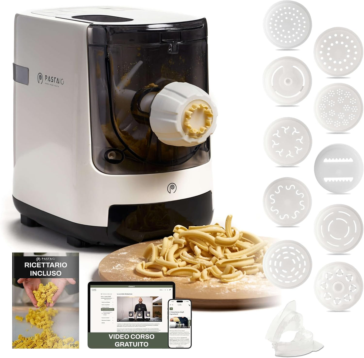 CLASSE ITALY machine à pâtes, 800 g, Noir, PASTAIO avec 11 Matrices. Pasta Maker, balance intégrée, extrusion rapide