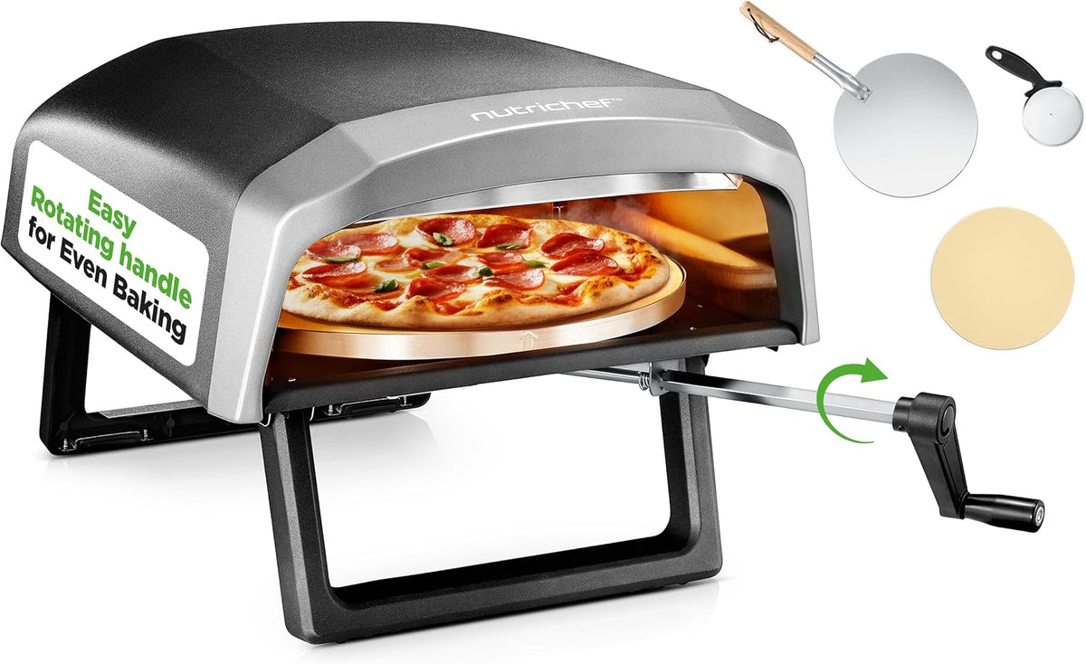 Nutrichef four à pizza, 30,5 cm, Noir/Gris, Fours à pizza d'extérieur portables de table, pierre à pizza rotative à 360°