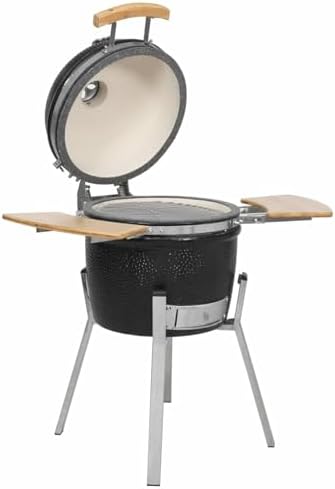 YSXXIAN fumoir, 53 cm, 21 Pouces, Coque en acier inoxydable émaillé, Noir/Bois/Argent, Barbecue Kamado Ceic