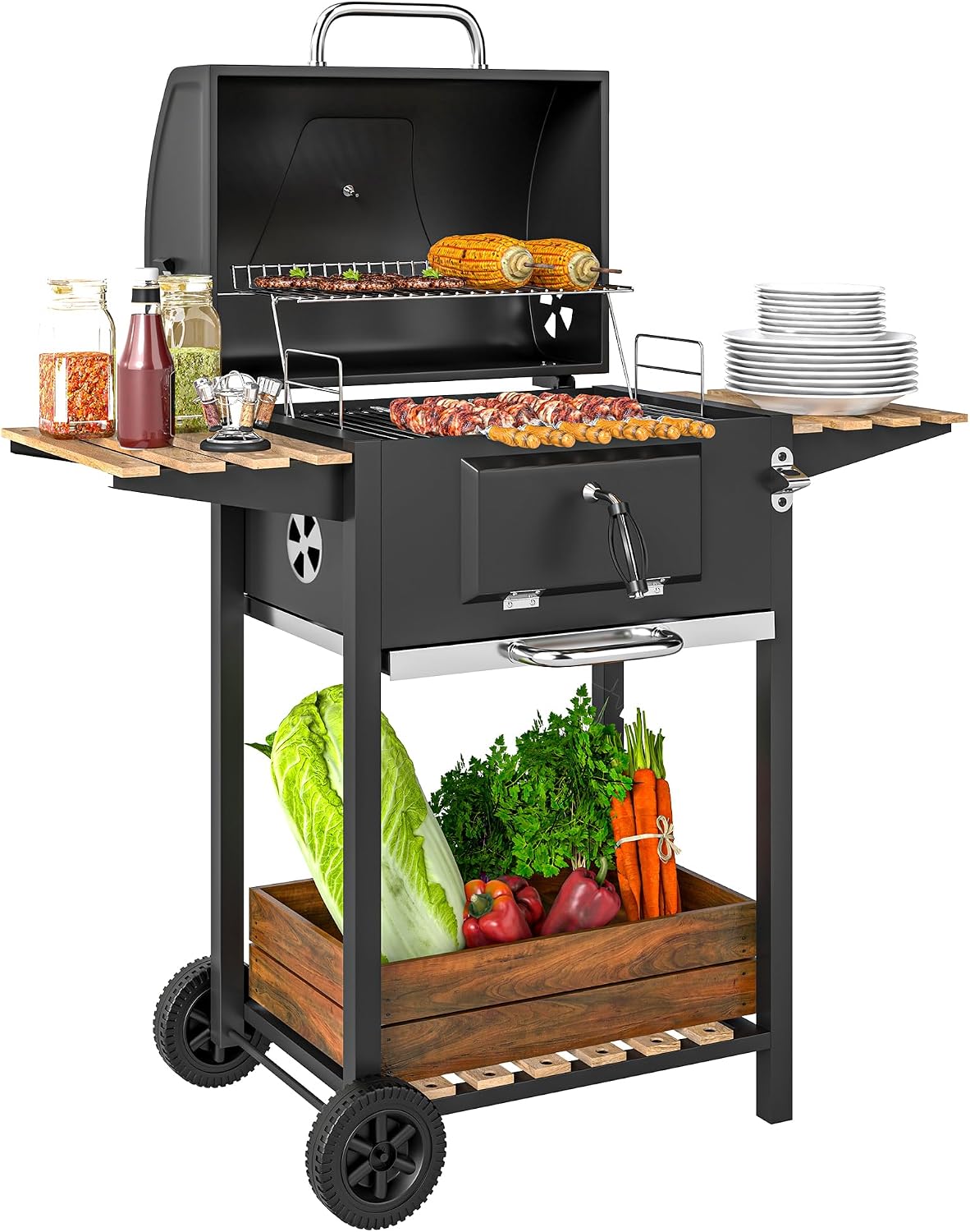 Outsunny barbecue à charbon, Noir, Barbecue charbon de bois chariot de cuisson hauteur réglable, barbecue fumoir portable avec couvercle