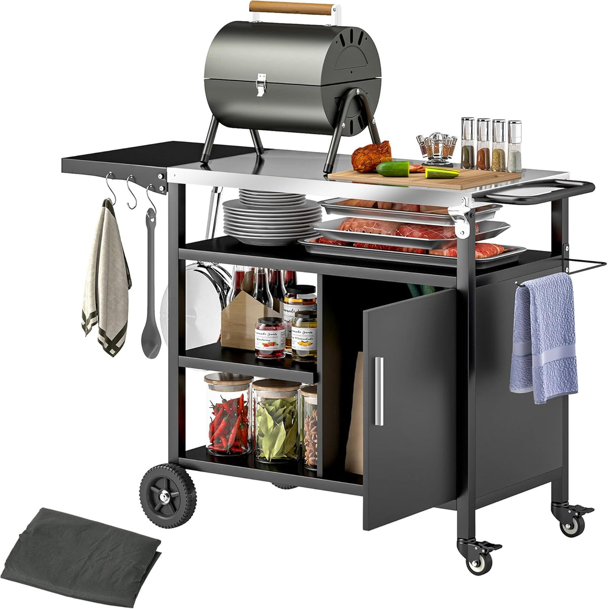 Outsunny plancha, 127x51x84 cm, Noir/Gris/Argent, Desserte de Jardin Chariot de Barbecue avec Plateau en Acier Inoxydable
