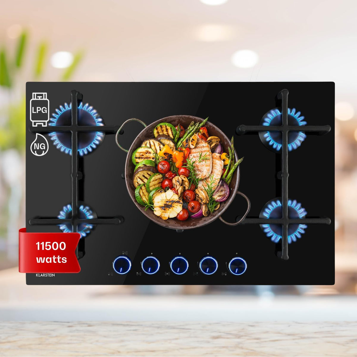 table de cuisson KLARSTEIN, 11.5 kW, Noir, Plaque de Cuisson Gaz 5 Feux, à Gaz 5 Brûleurs, Plaque Gaz, Piano Cuisine Gaz en Acier Inoxydable