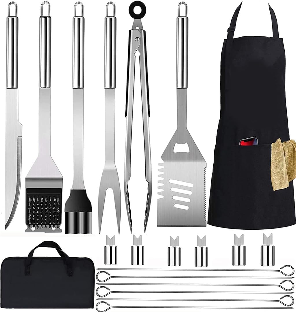 MQPALZKD Brosses-racloirs pour barbecue, Argent/Noir, Ensemble de grillades en Acier Inoxydable de 20 pièces