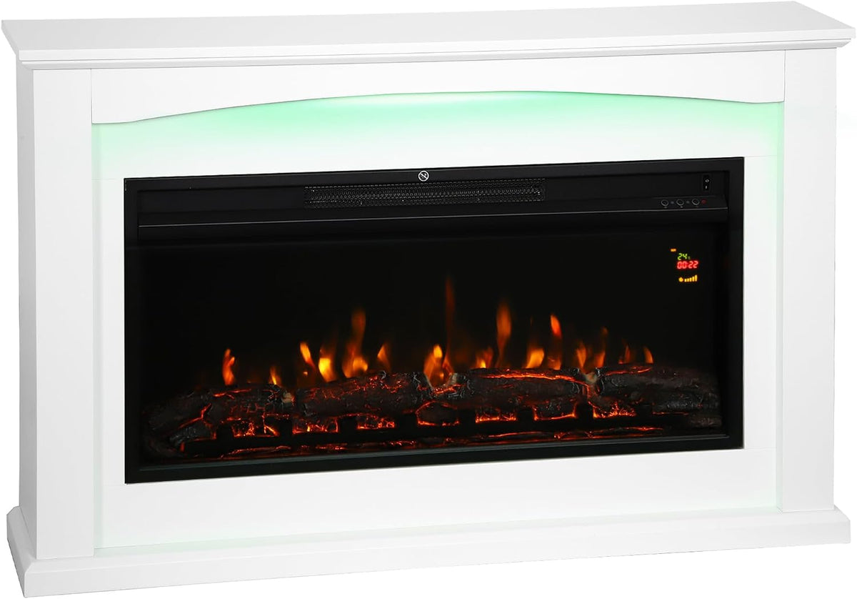 HOMCOM cheminée électrique, 1000 W, 2000 W, 30 m, Blanc, / Effet Flamme 5 Luminosités, Fausse Cheminée Décorative avec Manteau