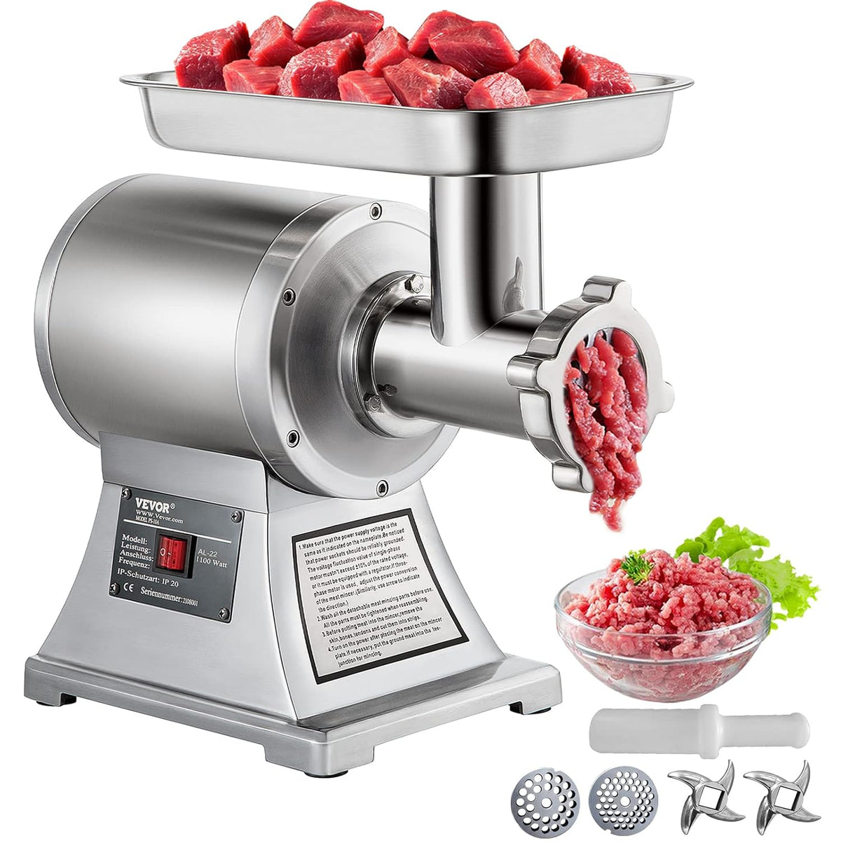 VEVOR Hachoirs à viande, 1100 W, 250 kg, 193 tr/min, acier inoxydable, Argenté, Hachoir électrique par heure en acier inoxydable