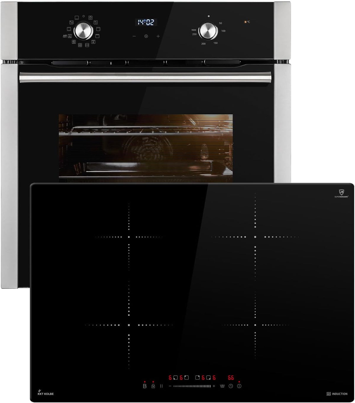 KKT KOLBE four encastrable, 7000 W, 60 cm, 77 cm, Noir, Cuisinière: BO8810SS + Plaque Induction IH87704RL, Air chaud