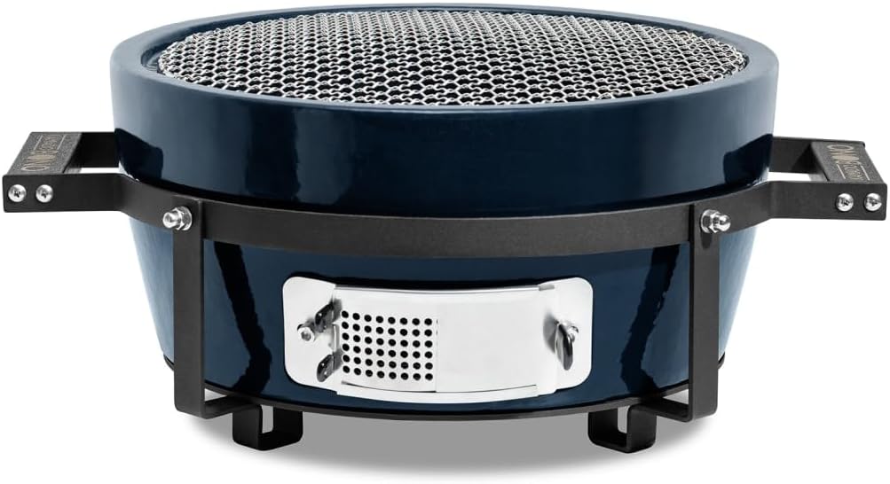 Kamado BONO barbecue à charbon, 35 cm, Bleu Marine, HIBACHI EVO Grill de Table Rond, Barbecue Hibachi Compact Ø avec Grille Céramique