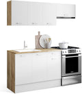 IDMarket Cuisines d'extérieur, 180 cm, Blanc/Bois, - Cuisine complète Subtil avec Plan de Travail 5 éléments Bois et Blanc
