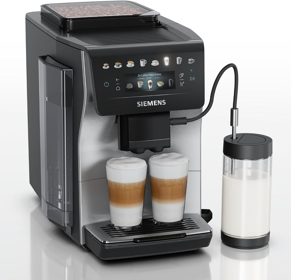 SIEMENS machine à café, 480 ml, Argenté, EQ600 iAroma, automatique avec broyeur, écran tactile et réservoir à lait