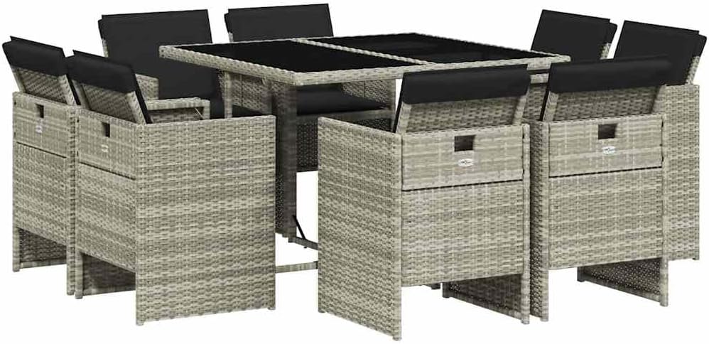vidaXL chaise, Gris Clair/Noir, Ensemble à Manger de Jardin avec Coussins 9 pcs, s et Table de Patio, Meubles de Terrasse Extérieur