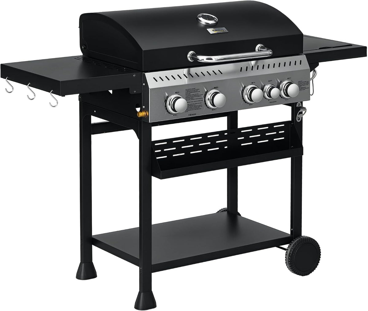 Outsunny Barbecues au propane, 12,5 kW, Noir, Barbecue à gaz 4+1, barbecue au gaz propane chariot de BBQ avec roulettes