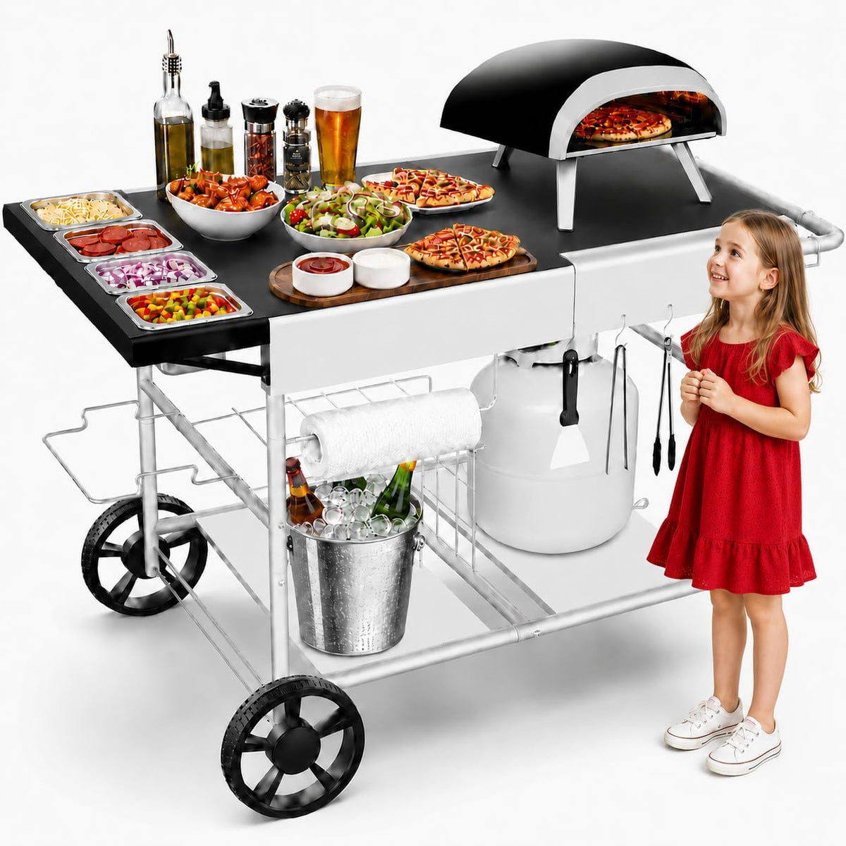 GRILL FORCE four à pizza, 127 x 63,5 cm, Noir/Gris/Argent, Table de, chariot à pizza d'extérieur avec station de survêtement