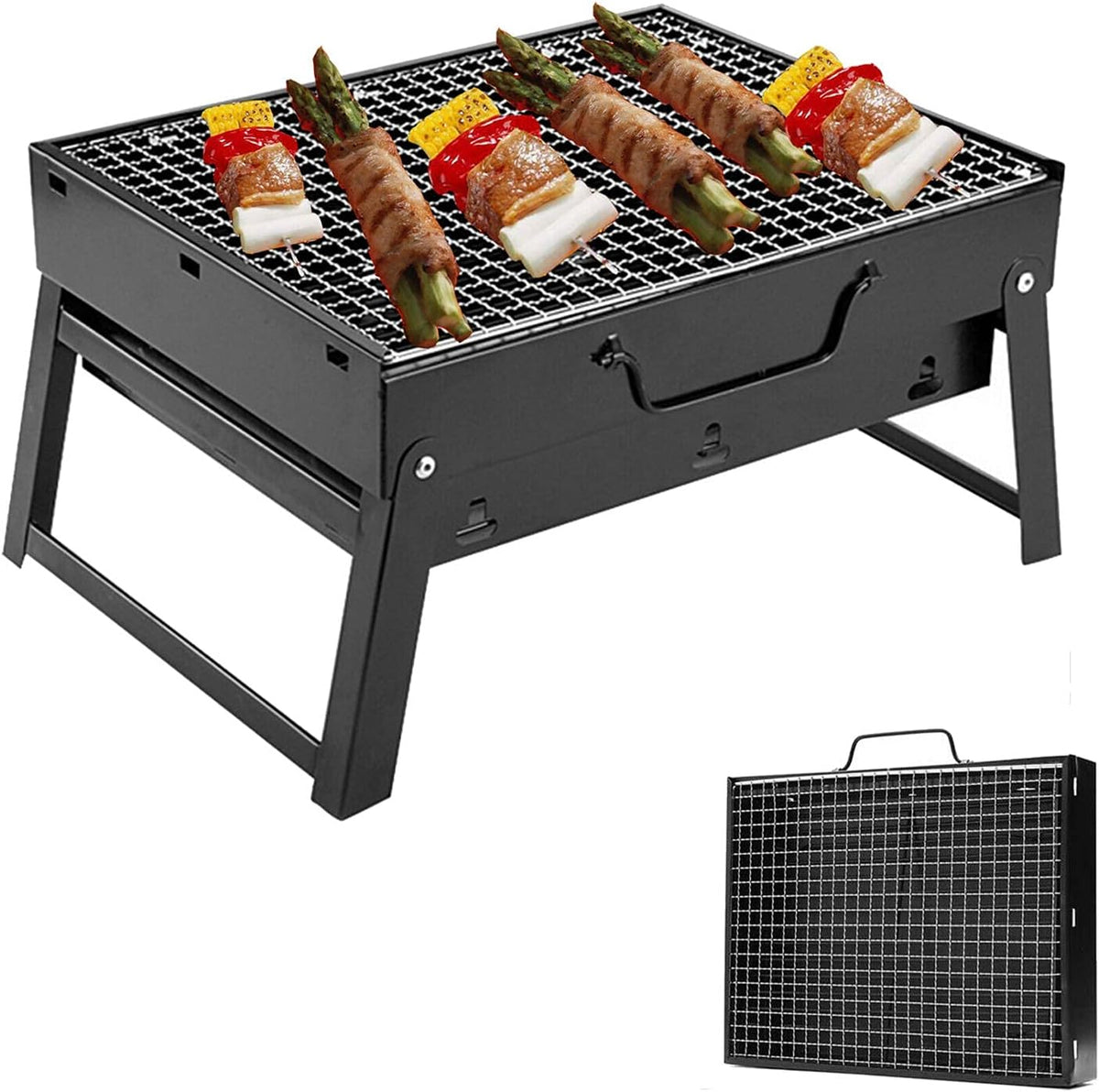 Grille barbecue à charbon, Noir, de barbecue carrée portable pour 1 à 8 personnes, barbecue pliable au charbon de bois