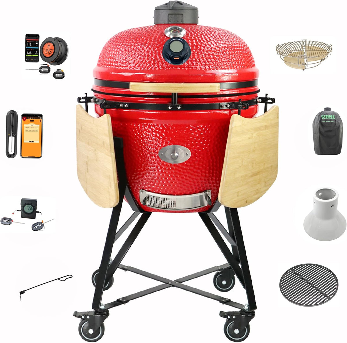 YNNI KAMADO barbecue à charbon, Rouge/Noir/Bois, YNNI 25 »ROUGE XL Chip Feeder KAMADO Bundle (Package) Divide & Conquer