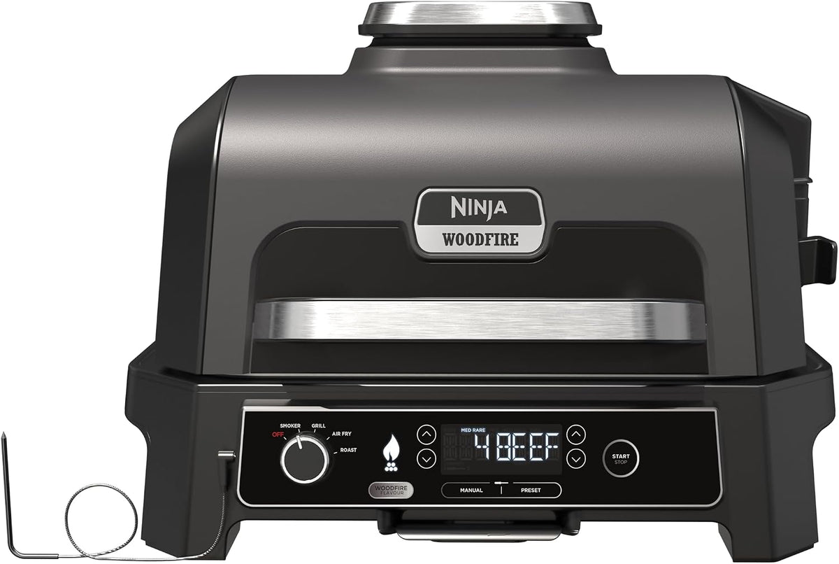 NINJA fumoir, Hauteur 40,2 cm x largeur 56,6 cm x profondeur 50,9 cm, Gris/Noir, Woodfire Barbecue électrique et Pro XL avec thermomètre