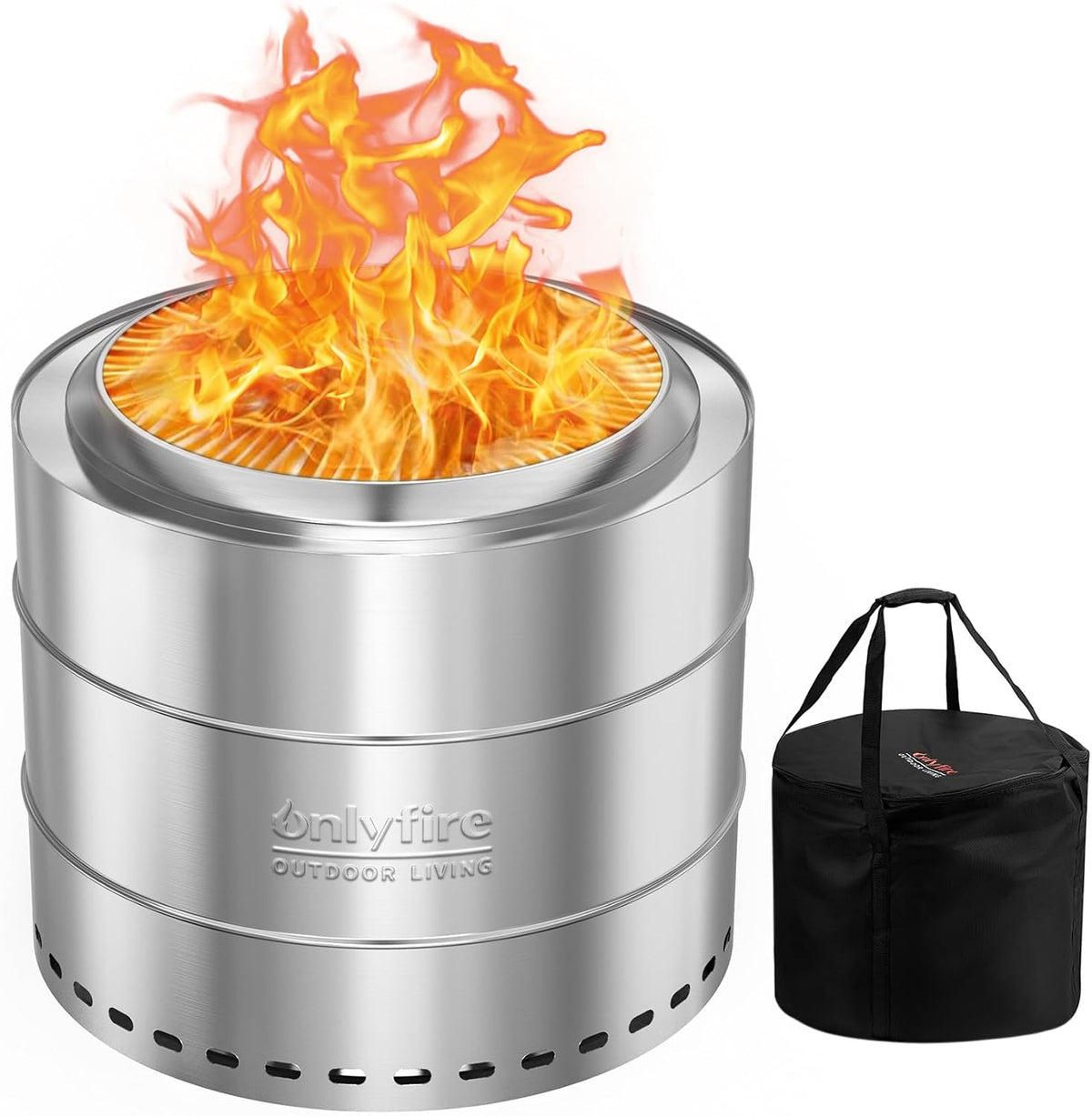 onlyfire braséro, 50 cm, Argent/Noir, Brasero sans Fumée Foyer à Bois Extérieur en Acier Inoxydable, Foyers Extérieurs avec Bac à Cendres Amovible