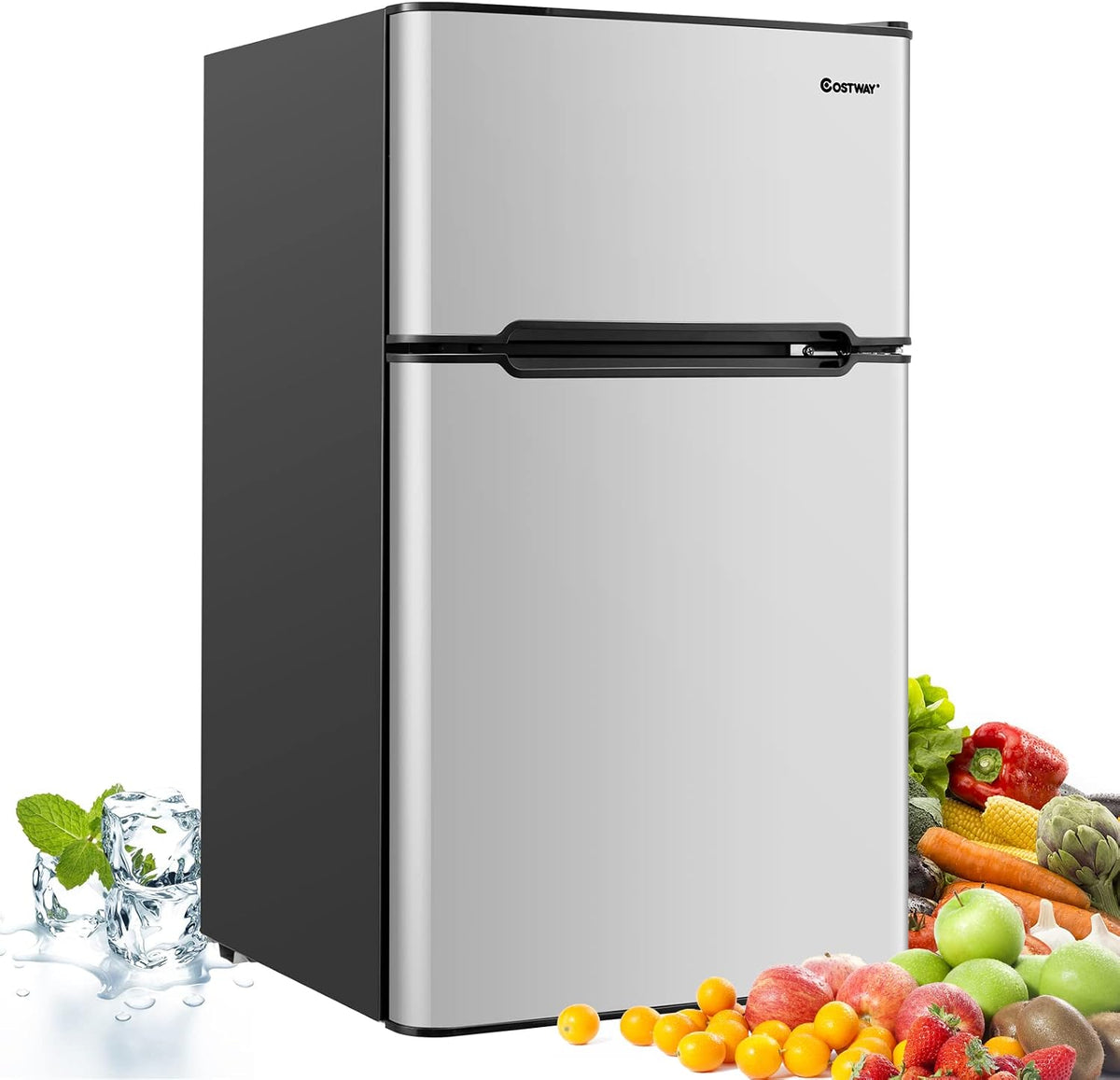 COSTWAY réfrigérateur, 90 L, 48,5 x 49,5 x 86 cm, Gris/Noir, à Double Porte, Réfrigération Rapide, Économie d'énergie