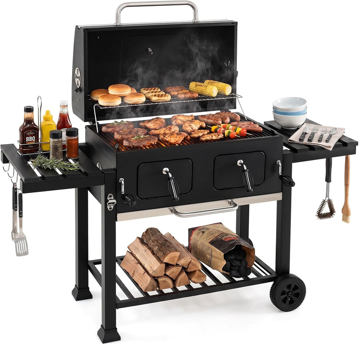 COSTWAY barbecue à charbon, Métal, HDPE, Noir, de Bois Extérieur, Housse Incluse, Portable pour Pique-nique Patio