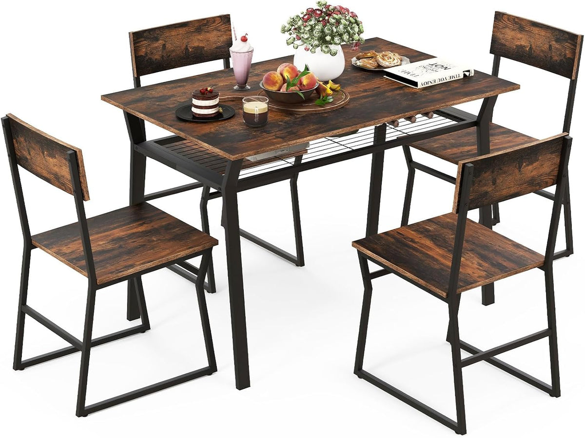 COSTWAY chaise, 110x70 cm, métal, panneaux de particules, gris/marron rustique, Table à Manger avec 4 s, Ensemble Table et 4 s