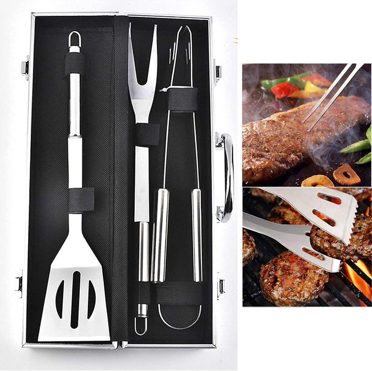 RajoNN Ensembles d'ustensiles pour barbecue, Argent/Noir, Bbq Accessories, pour Noël, anniversaire, gourmets