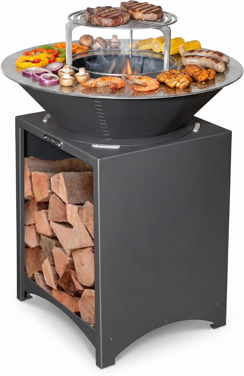 Brasero plancha, 75 cm, Noir/Argent, Haut avec Plaque et Grille Amovible en Acier Barbecue extérieur Ø
