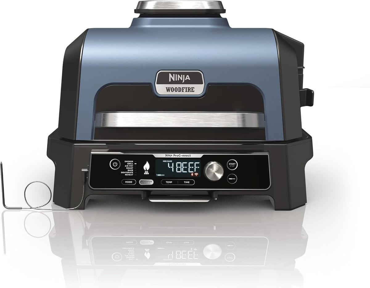 NINJA grill électrique, Bleu/Noir/Argent, Woodfire Pro Connect XL pour barbecue et fumoir avec contrôle d'application