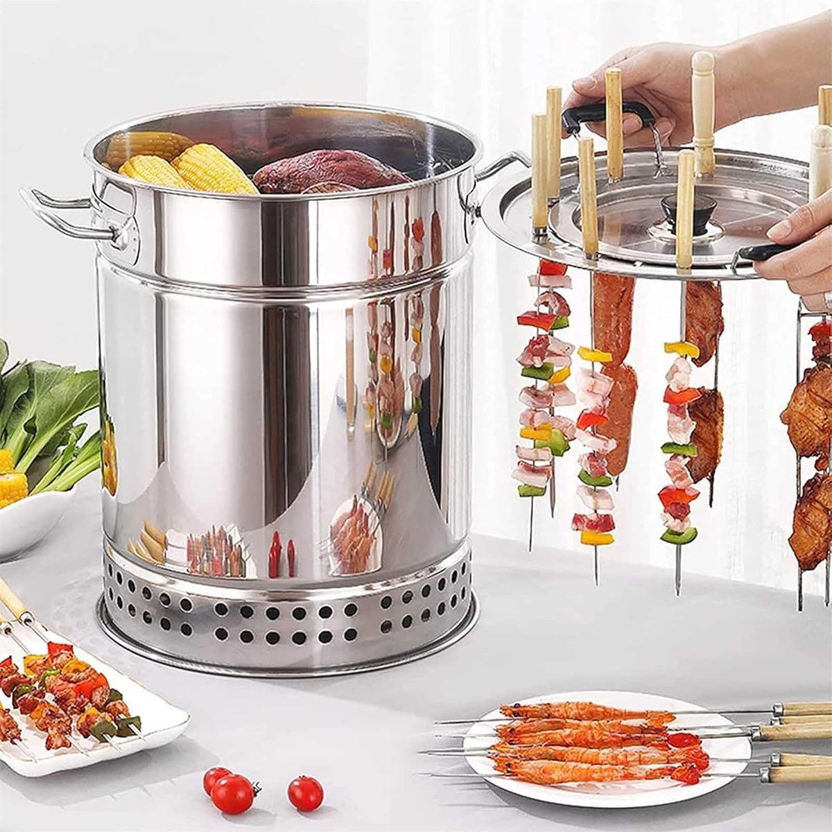 fumoir, Argent, vertical au charbon de bois, baril en acier inoxydable avec panier roulant pour barbecue extérieur
