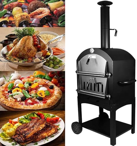 WXPXYBF four à pizza, 30 cm, 12 Pouces, Noir, Portable d'extérieur avec thermomètre, Barbecue en Fonte de ( ) sur roulettes