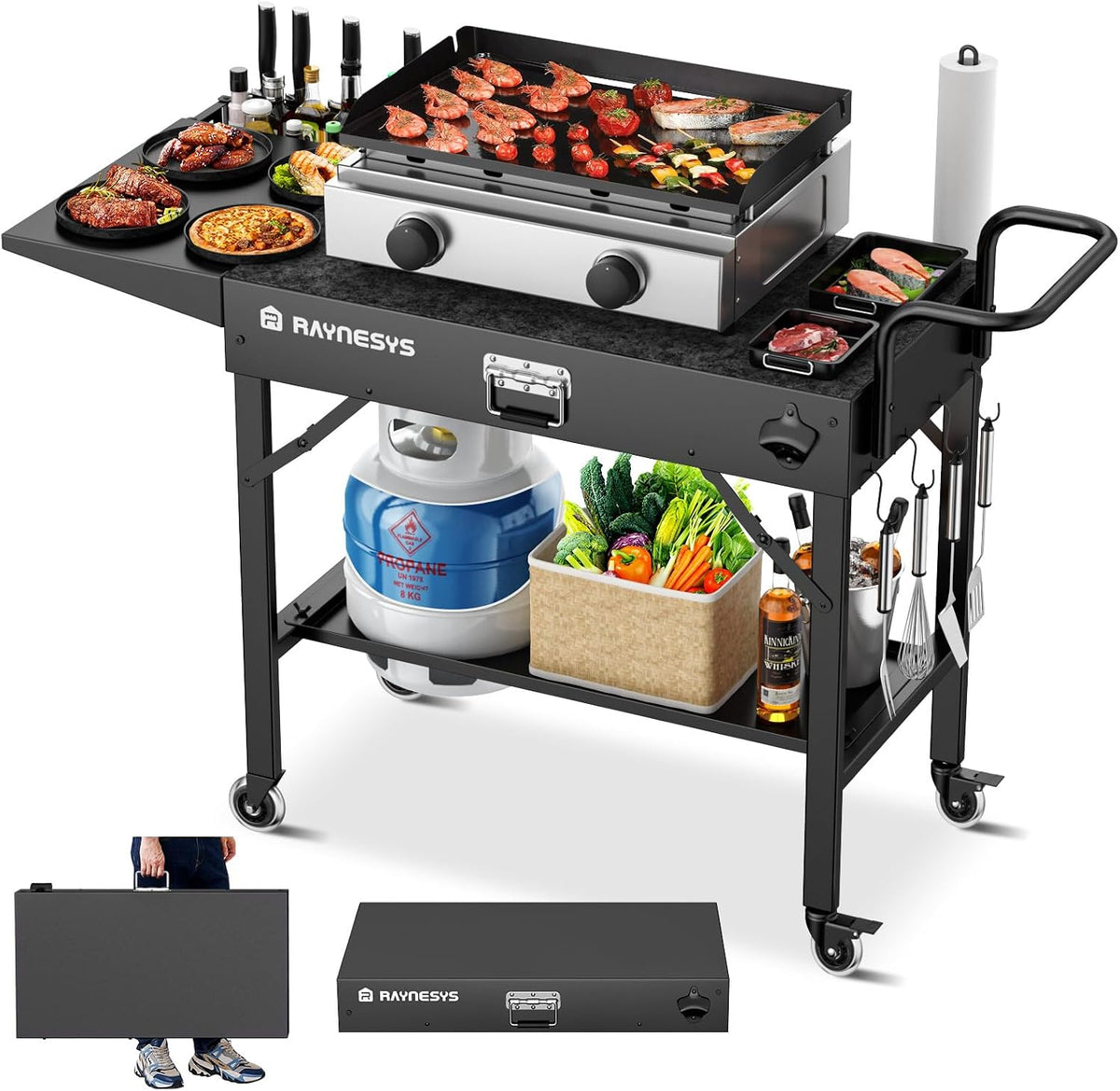 Raynesys four à pizza, 109 x 43 x 76 cm, Acier carbone, Noir, Chariot Barbecue Extérieur Pliable avec roulettes