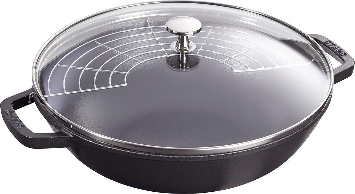 STAUB Woks, 30 cm, 4,40 L, Noir Mat, Wok en Fonte avec Couvercle en Verre et Grille Amovible Inclus