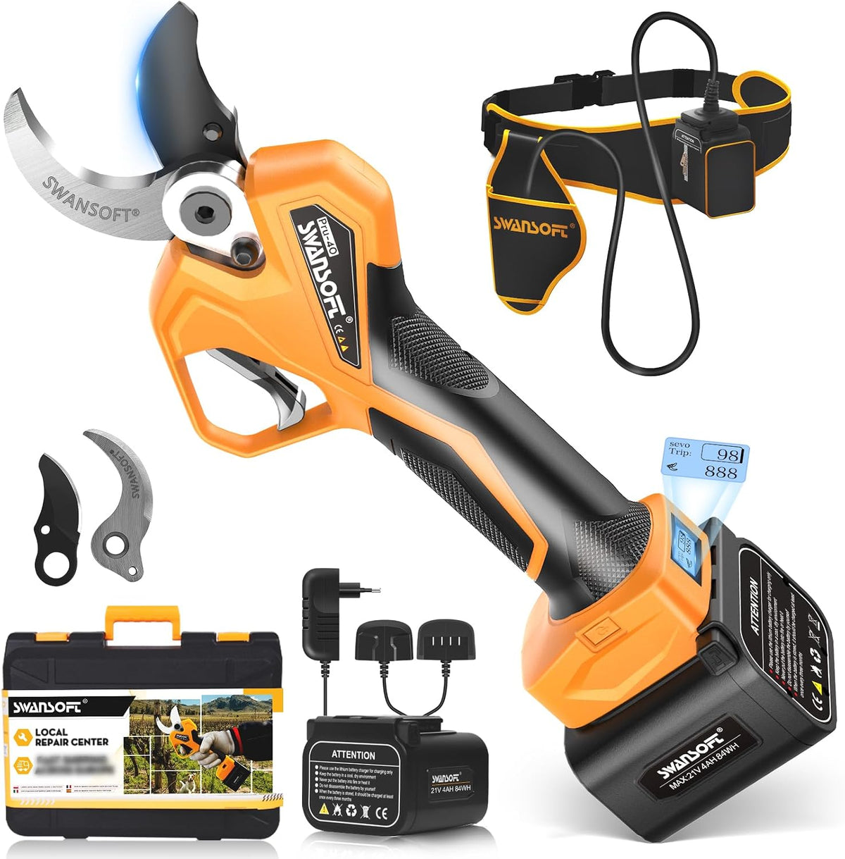 SWANSOFT Sécateurset ciseaux, 40 mm, 21 V, 4AH, 1050 W, Noir, PRU40 Secateur Electrique Professionnel, Batterie Sécateur Électrique Sans Fil