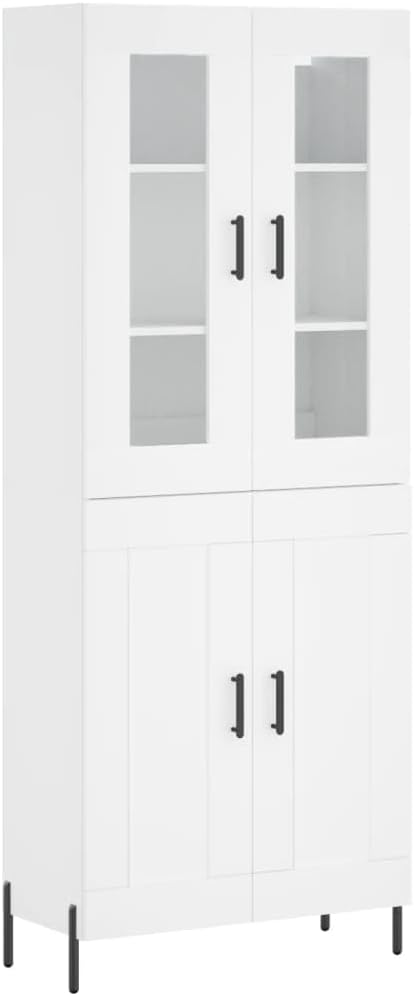 Coespram crédences et vaisseliers, 69,5 x 34 x 180 cm, bois, verre, métal, blanc., Buffet haut blanc en bois avec façade en verre et pieds en métal