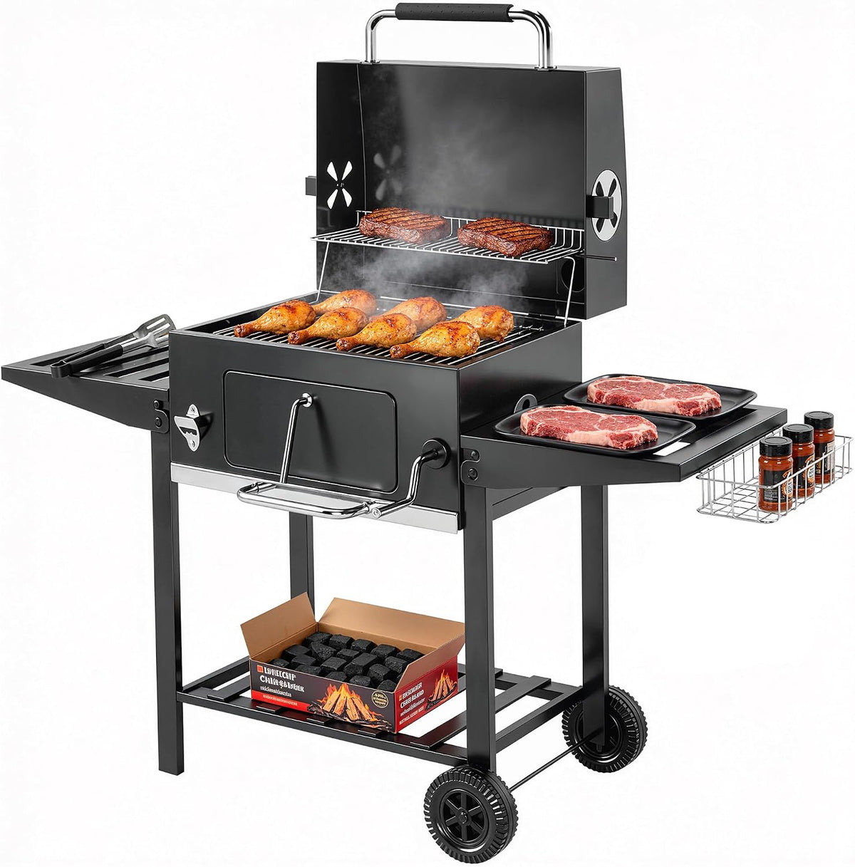 Outsunny barbecue à charbon, Noir, avec grille, bac à charbon à aération réglable, chariot barbecue portable avec couvercle